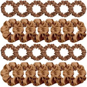 WILLBOND 24 Pieces Satin Hair Scrunchies Silky Elastic Bands Skinny Solid Hair Ties Ropes Ponytail Holder for Women Headdress Accessories Decorations, 2 Sizes (Brown)