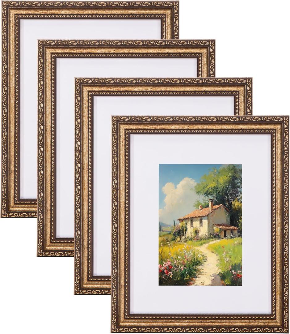 eletecpro 8x10 Picture Frames Set of 4, Gold Frame with Glass Cover, Vintage 8 x 10 Photo Frames Display 5x7 Photo with Mat or 8x10 without Mat for Tabletop or Wall Decor, Bronze Gold
