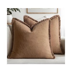 MIULEE Decorative Throw Pillow Covers Neutral Linen Fringe Throw Pillows Set of 2 Brown Boho Farmhouse Cushion Covers with Tassels for Couch Sofa Bed Living Room Spring Home Decor 20x20 Inch