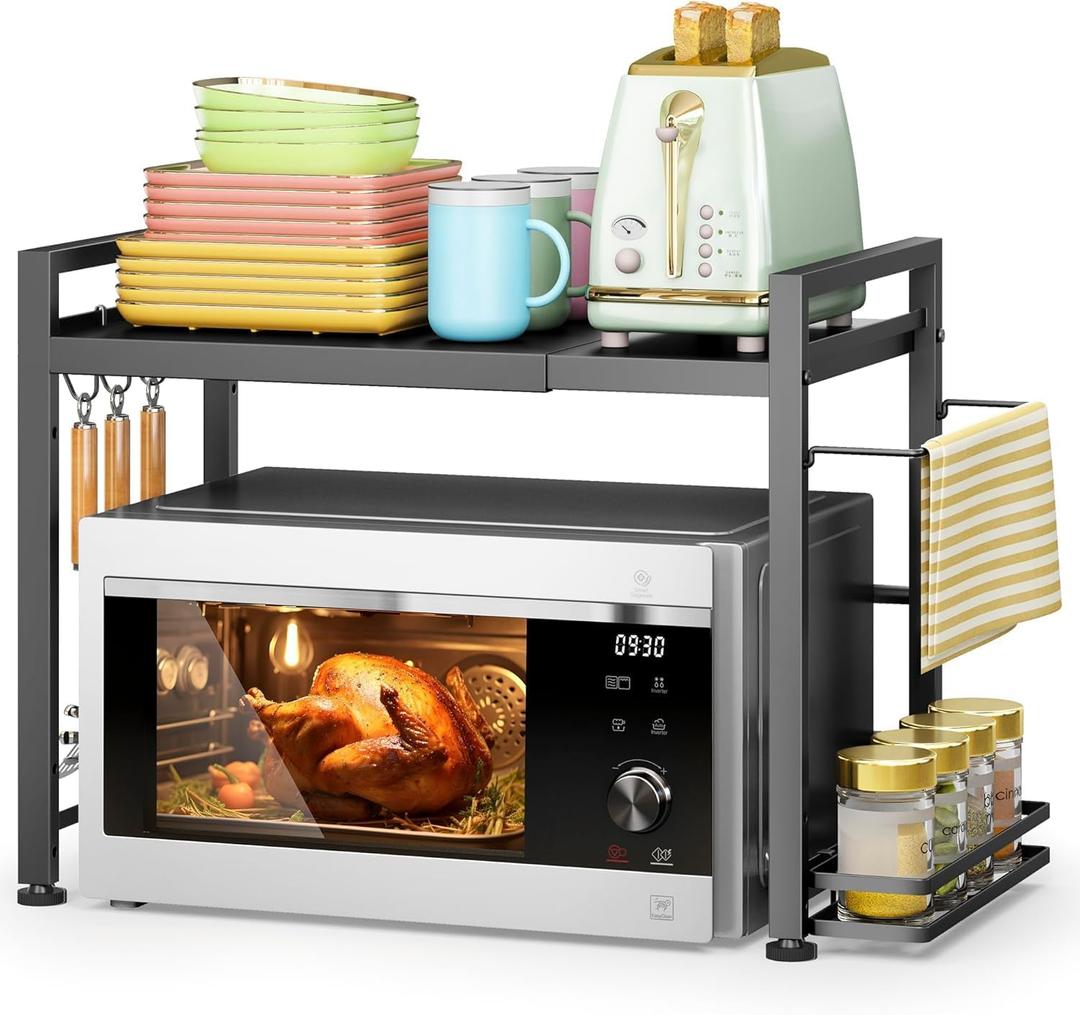 DOLALIKE Microwave Oven Rack, Expandable Microwave Stand Kitchen Countertop Organizer Utensils Storage, Carbon Steel Over Microwave Shelf with 3 Hooks (Black, 2 Tier- With Storage)