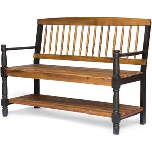 Christopher Knight Home Eddie Indoor Farmhouse Acacia Wood Bench with Shelf, Teak and Black Finish