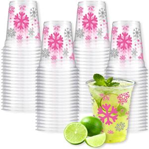 SYUCVQI 50 Pcs Christmas Snowflake Plastic Cups Disposable Pink Snowflake Winter Cups Bulk Clear PET Christmas Winter Party Cup for Cold Drinking Beverage Drinkware Table Decor Supplies,12Oz