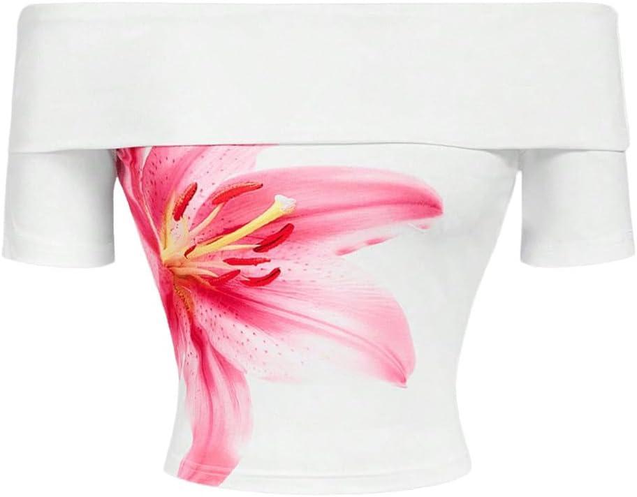 WDIRARA Women's Floral Off Shoulder T Shirt Graphic Short Sleeve Tee Y2k Fitted Top (White, S)