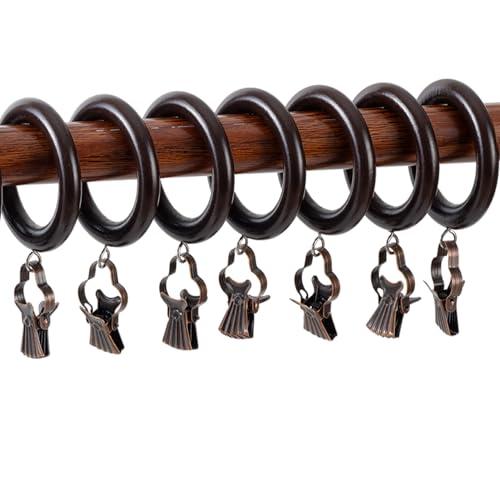 24 Pack Wooden Curtain Rod Rings with Clips, Farmhouse Retro Brown 1.77 Inch Inner Diameter for 1.3-1.5 Inch Curtain Rod Poles