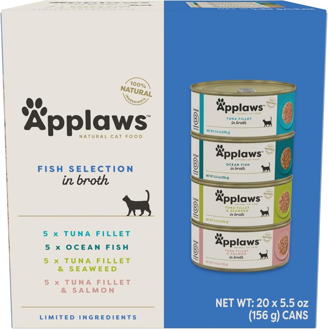 Applaws Natural Wet Cat Food in Broth, Limited and Natural Ingredients, High Protein with No Artificial Additives, Fish Selection in Broth Cans (20 x 5.5 oz Cans) (EXP 03/07/29)