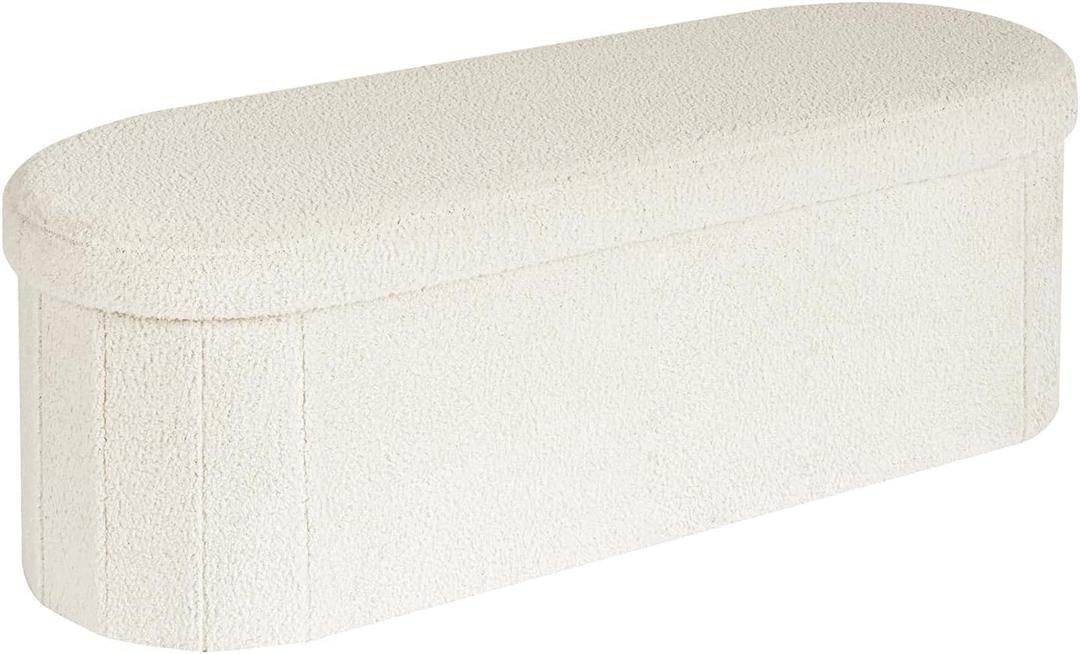 B FSOBEIIALEO Ottoman with Storage for Living Room, Sherpa Folding Storage Ottoman Foot Rest, 43.3 Inches Collapsible Bedroom Bench White