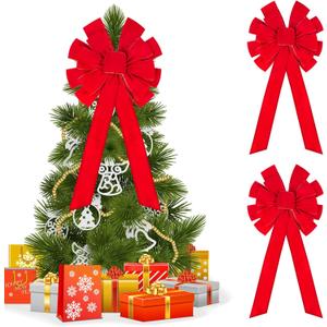 Ceenna 3 Pcs Large Christmas Bows 18 x 35 Christmas Decorative Bows Gold Wired Red Velvet Ribbon Christmas Wreath Bow Hanging Xmas Tree Topper for Indoor and Outdoor Decoration(Brief)
