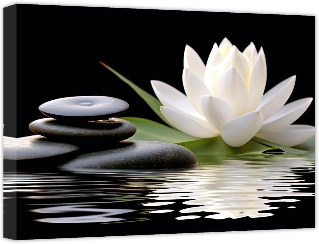CCWACPP Zen Canvas Wall Art White Lotus Bloom in Water Picture Flowers Stone Spa Painting for Yoga Meditation Room Bathroom Prints Wall Decor Frame (Zen - 2, 16x24inch)