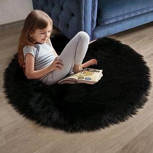 Ashler faux fur rug, Fluffy Shaggy Area Rug Ultra Soft 3 x 3 Feet Round Fur Rug, Black Fuzzy Rug Machine Washable Shag Rug, Nursery Decor Throw Rugs for Bedroom, kids room, Living Room