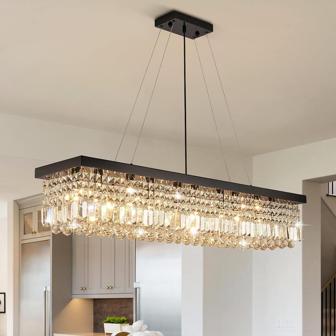 HOOMEDELIER Modern Crystal Chandelier,47" Rectangular Chandelier Pendent Light Fixture,Ceiling Chandelier for Indoor