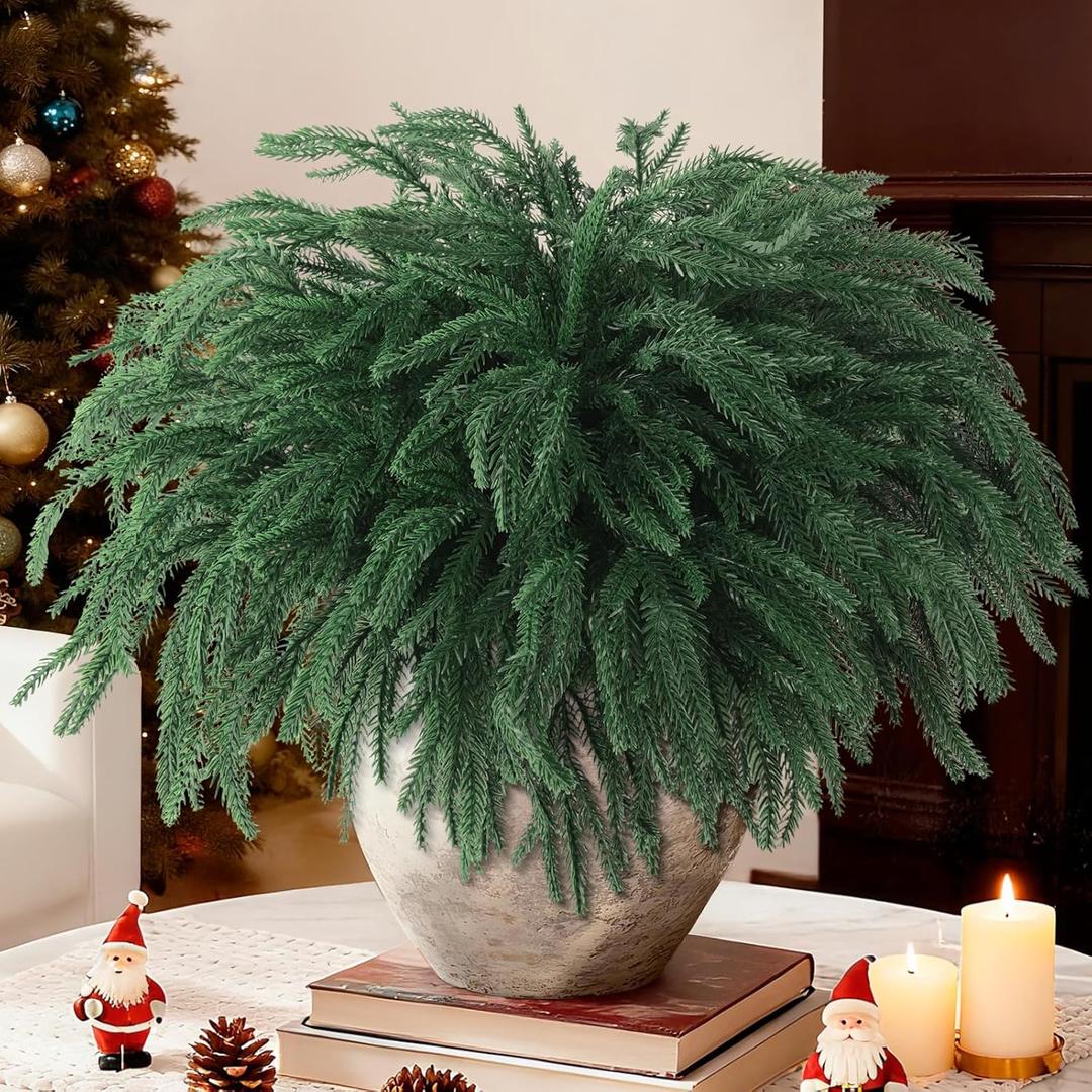 INQCMY 12 Pcs Christmas Norfolk Pine Stems,15" Real Touch Artificial Norfolk Pine Branches,Fake Christmas Greenery Stems Faux Cedar Pine Picks for Vases DIY Garland Table Xmas Indoor Decor(Green)