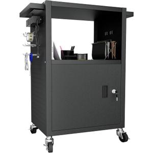 Mobile AV Cart with Push Handles, Heavy Duty Rolling Media Cart with Customized Pegboard & Hooks, Multipurpose Utility Cart with Extra Storage Space, 4 Outlets (Style 3 31.5Dx18Wx40H)