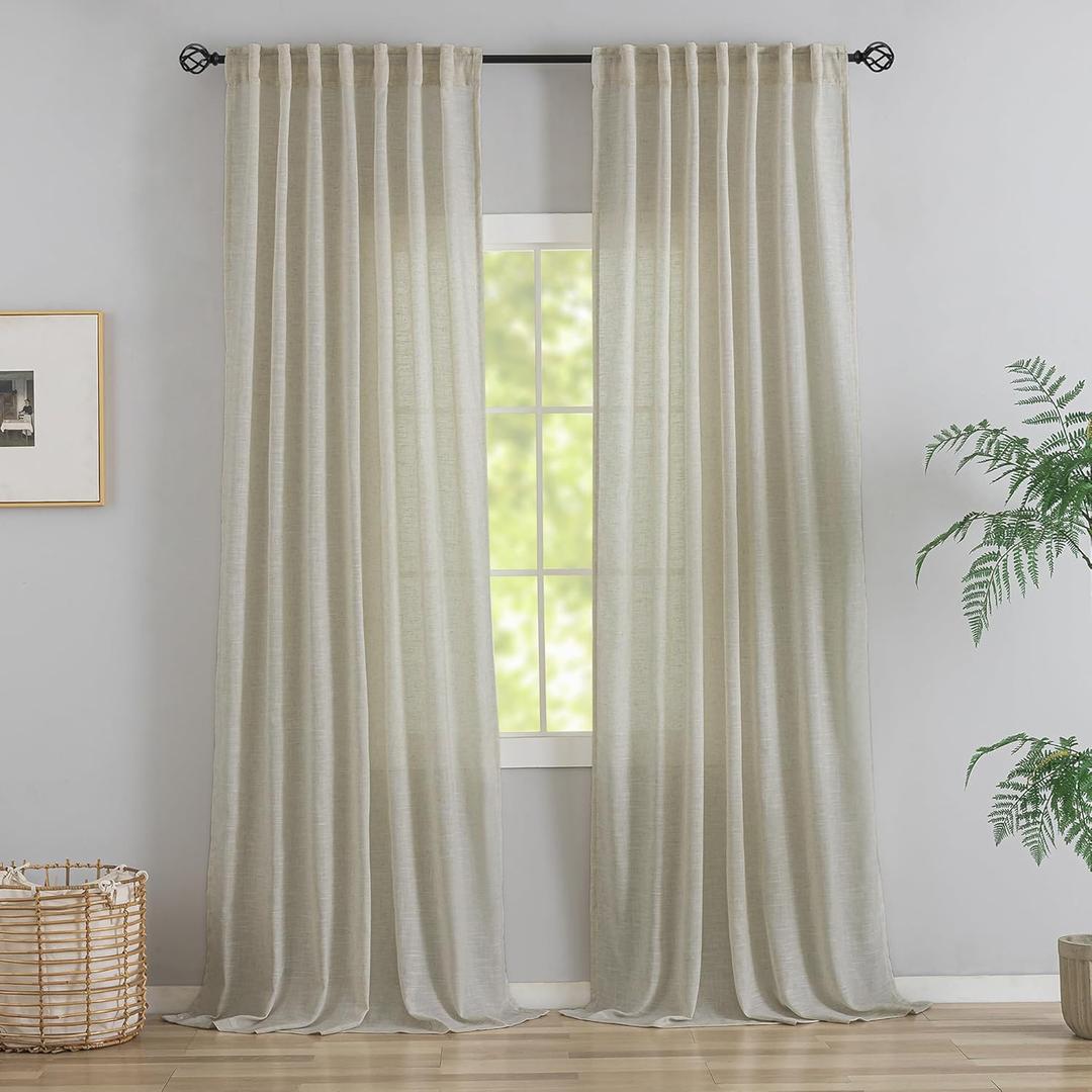 Back Tab Linen Curtains 96 Inches Long 2 Panels Country Farmhouse Curtains for Living Room,Hooks Belt Pinch Pleated Light Filtering Semi-Sheer Curtains for Patio Sliding Glass Door,8 FT Tall,Tan Beige