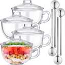Set of 4 Glass Cereal Bowls Microwave Safe Glass Soup Bowls with Handle and Spoon Clear Oatmeal Glassware Mixing Ramen Pot Coffee Mugs with Lids Milk Breakfast Mug for Yogurt 20 Oz/ 600 ml