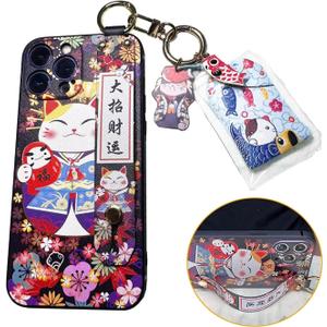 Compatible with iPhone 7/8 Plus Case with Phone Lanyard, 5.5 inch Cute Japanese Lucky Cat Design, Glitter Luxury Soft Silicone 3D Emboss Phone Case 7/8 Plus with Wrist Strap (iPhone 7/8 Plus, Black)