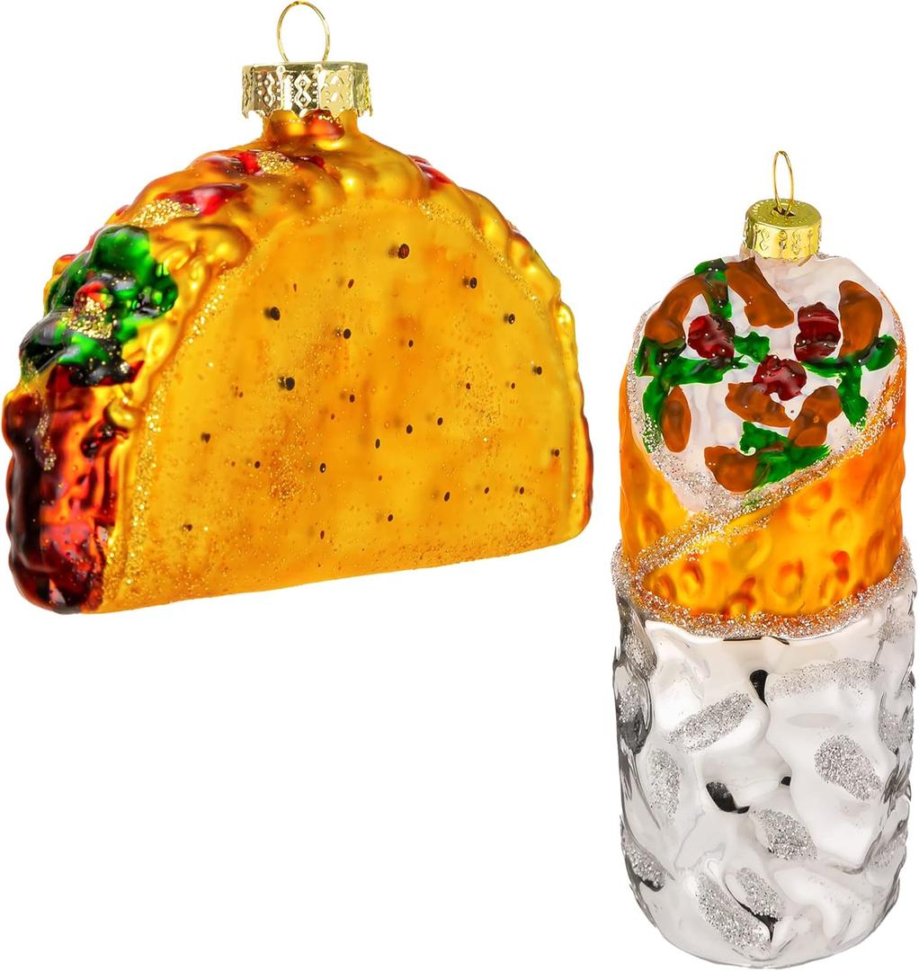 JOYIN Christmas Taco and Burrito Ornament, 2 pcs Glass Blown Set Handcrafted for Tree Hanging Ornament Outdoor Christmas Decorations Indoor