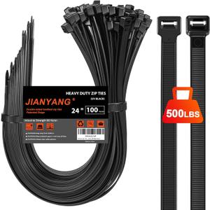 Long Zip Ties Heavy Duty 24 inch500 LBS Tensile Strength With Double Sided Toothed Super Durable Cable Ties Extra Large Wire Ties Adjustable Nylon Tie Wraps for Indoor Outdoor 100 Pack Black