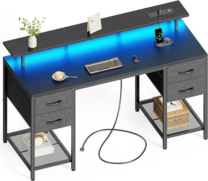 Huuger 55 inch Computer Desk with Power Outlets & 4 Drawers Gaming Desk with LED Lights, Home Office Desk with Large Storage Space for Bedroom, Work from Home, Black