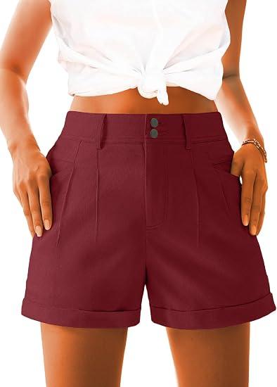 AWULIFFAN Womens Casual High Waist Shorts Relaxed Fit Rolled Hem Summer Shorts with Pockets 2025(Wine Red,X-Large)