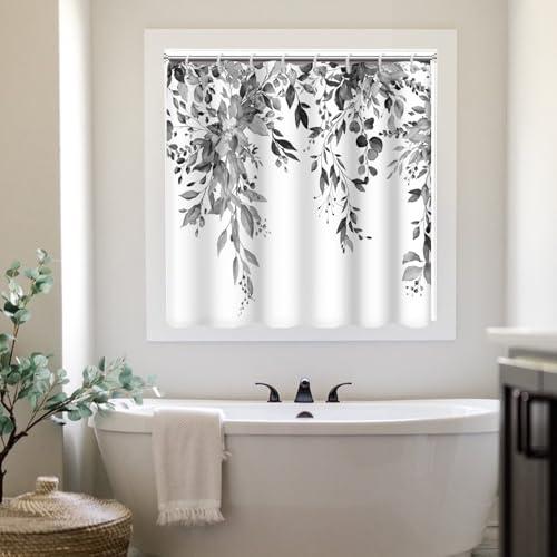 Ruelvth Shower Window Curtain, Watercolor Grey Eucalyptus Small Short Waterproof Bathroom Window Curtain with Hooks, 40x36 Inch