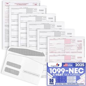 50 1099 NEC Tax Forms 2025 with Envelopes, 4 Part Legal Laser Tax Forms Kit, 50 Self Seal Envelopes, US Government Forms - Compatible with QuickBooks and Accounting Software, Made in The USA 50 Pack