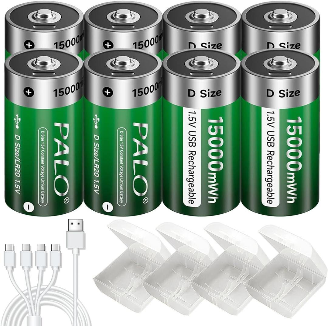 D Cell Rechargeable Batteries 8-Pack 15000mWh 1.5V Constant Output Lithium ion Battery with 4 in 1 USB-C Cable, 1500 Cycles LR20 D Size Battery, USB Rechargeable D Batteries for Floodlight Toys