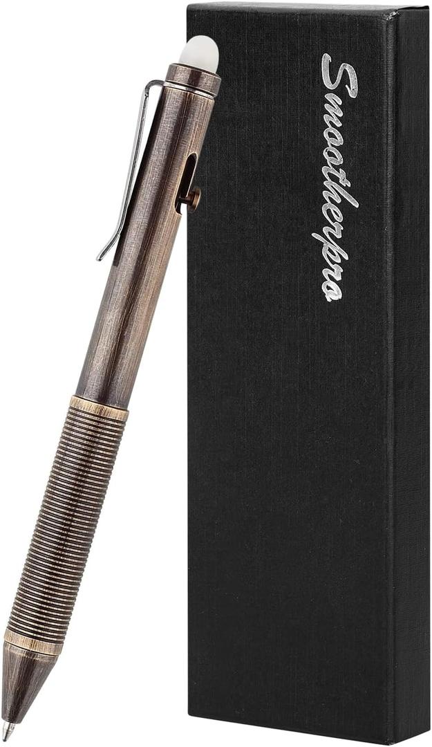 SMOOTHERPRO Erasable Solid Brass Bolt Action Pen,Weighted Heavy Pen Compatible with Pilot FriXion Refill,Durable Pen Clip for EDC Pocket Business Collection Retro Black(EP02BK)