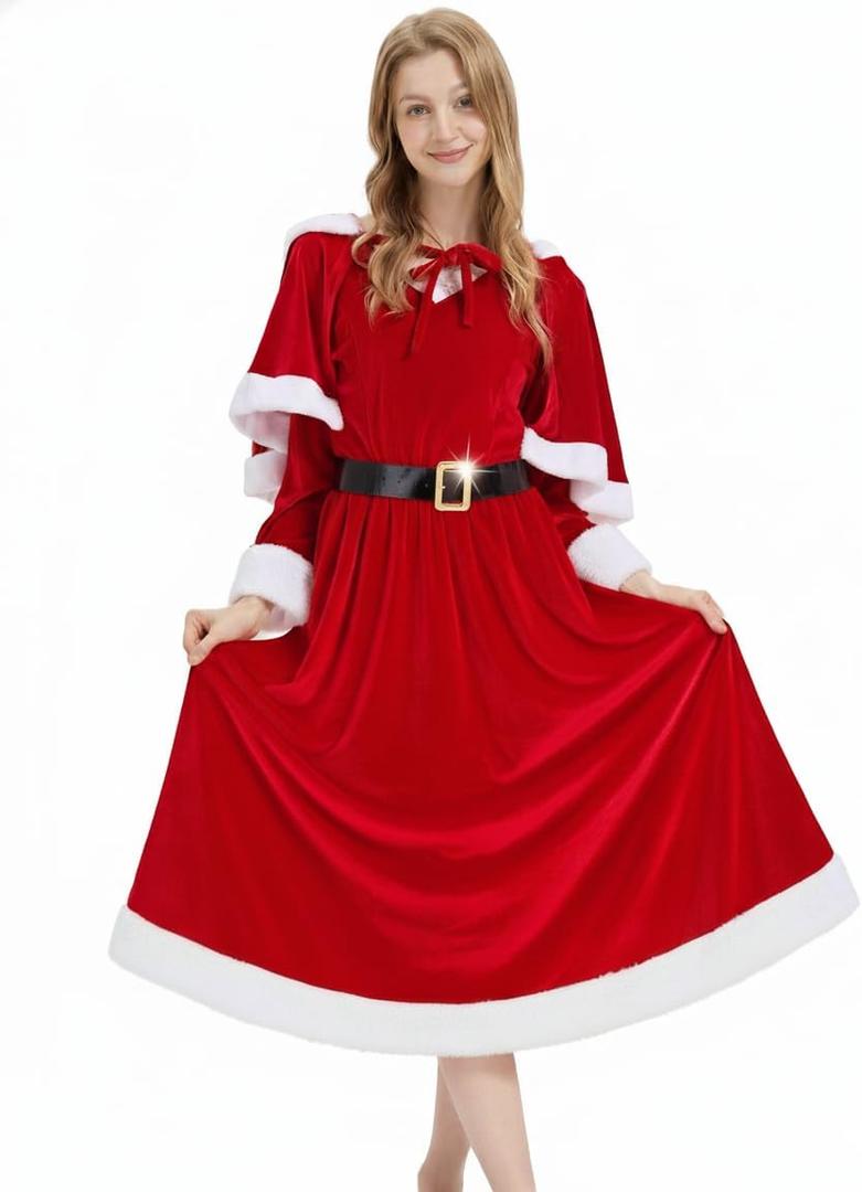 Ahititi Mrs Claus Costume for Women Adult Christmas Miss Santa Claus Dress Red Long Sleeve Cosplay Party Plus Size Outfit (XX-Large)