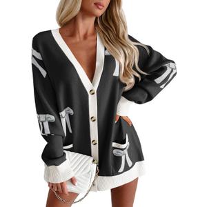 Saodimallsu Womens Oversized Cardigan Sweaters Bow Printed Button V Neck Long Sleeve Loose Knit Fall Trendy Coats (S)