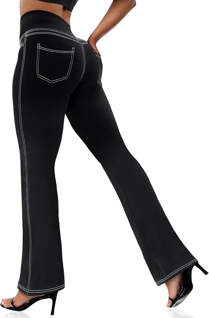 VOOVEEYA Women's Bootcut Leggings - Bootleg Yoga Pants Flare with 4 Pockets,Tummy Control High Waisted Casual Dress Pants (X-Large)