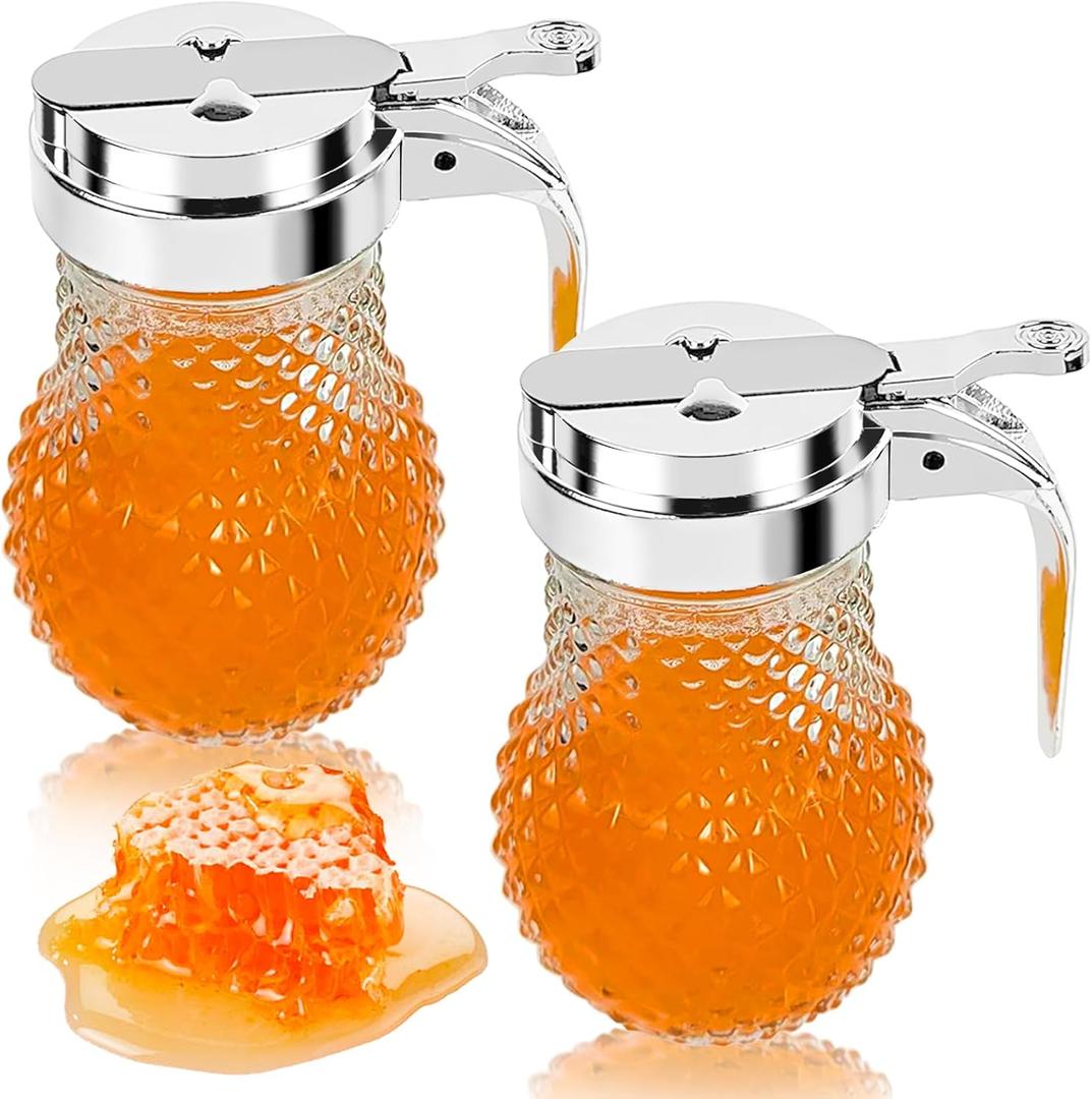 2Pcs 8oz Syrup Dispenser Honey Pot Glass Honey Dispenser Jar, Maple Syrup Dispenser, Honey Container, Commercial Quality With Handle Honey Dispenser Jar for Home Kitchen Honey & Syrup Storage