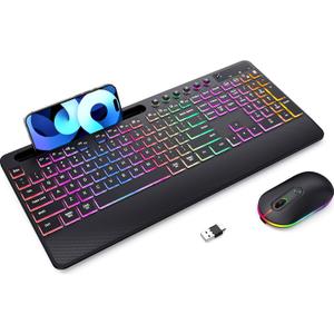 Wireless Keyboard and Mouse Combo - Dual System RGB Backlit Mouse and Keyboard,2.4G Rechargeable,Full-Sized Ergonomic Silent Design with Phone Holder for Windows Mac PC Laptop (Black-V2)