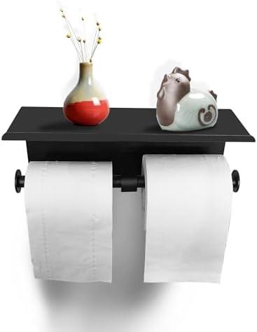 Botiliceer Double Toilet Paper Holder with Shelf, Stainless Steel Wall Mounted Toilet Tissue Dispenser, Large Commercial Paper Holder Dispenser Phone Holder for Bathroom (Black)