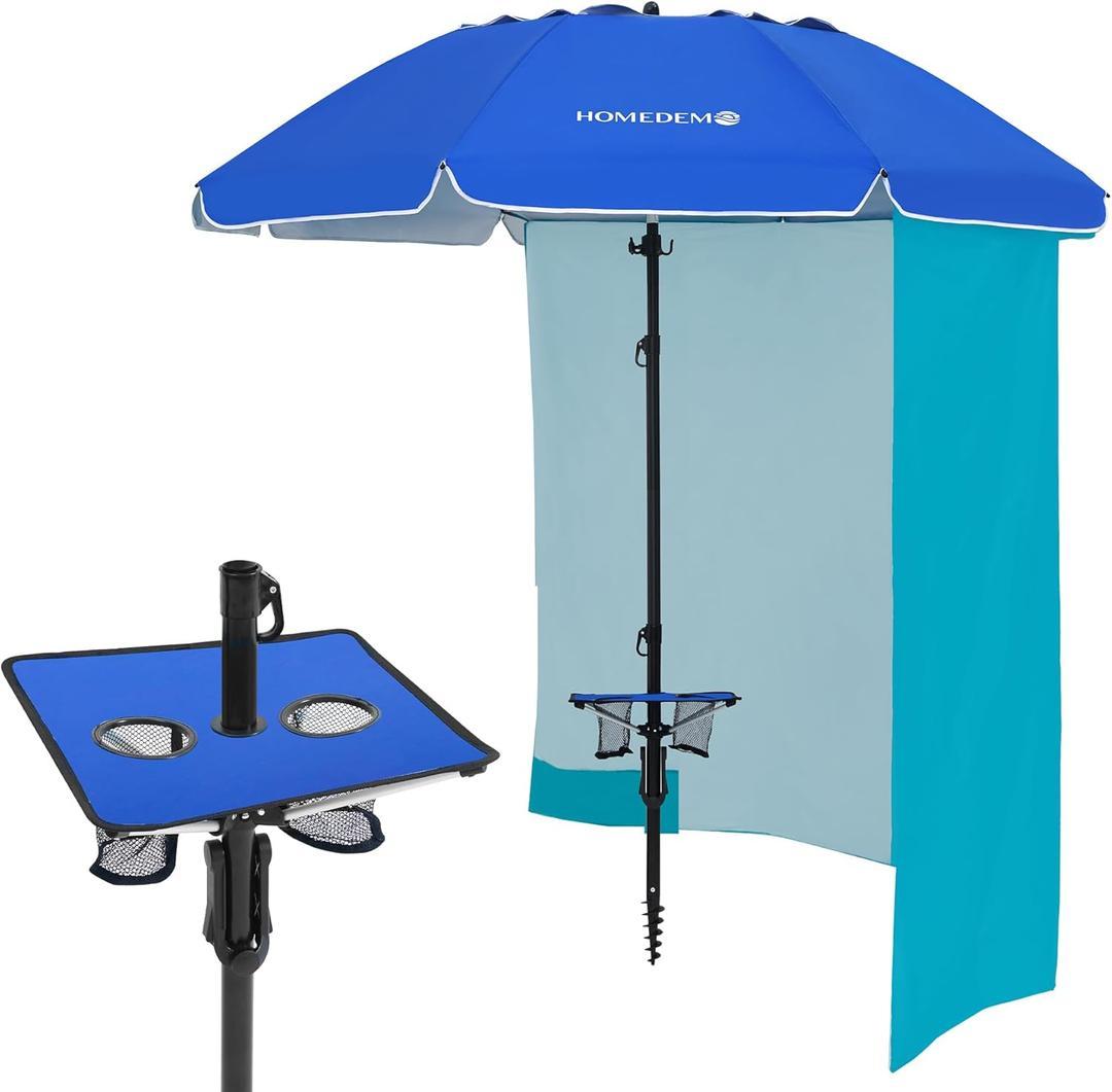 HOMEDEMO Heavy Duty High Wind Beach Umbrella with Sand Anchor,Built-in Table Tray & Tilt Pole&Hook& Curtain, UPF 50+ Windproof Portable Beach Umbrella for Patio Garden Pool Backyard (8FT, royal blue)