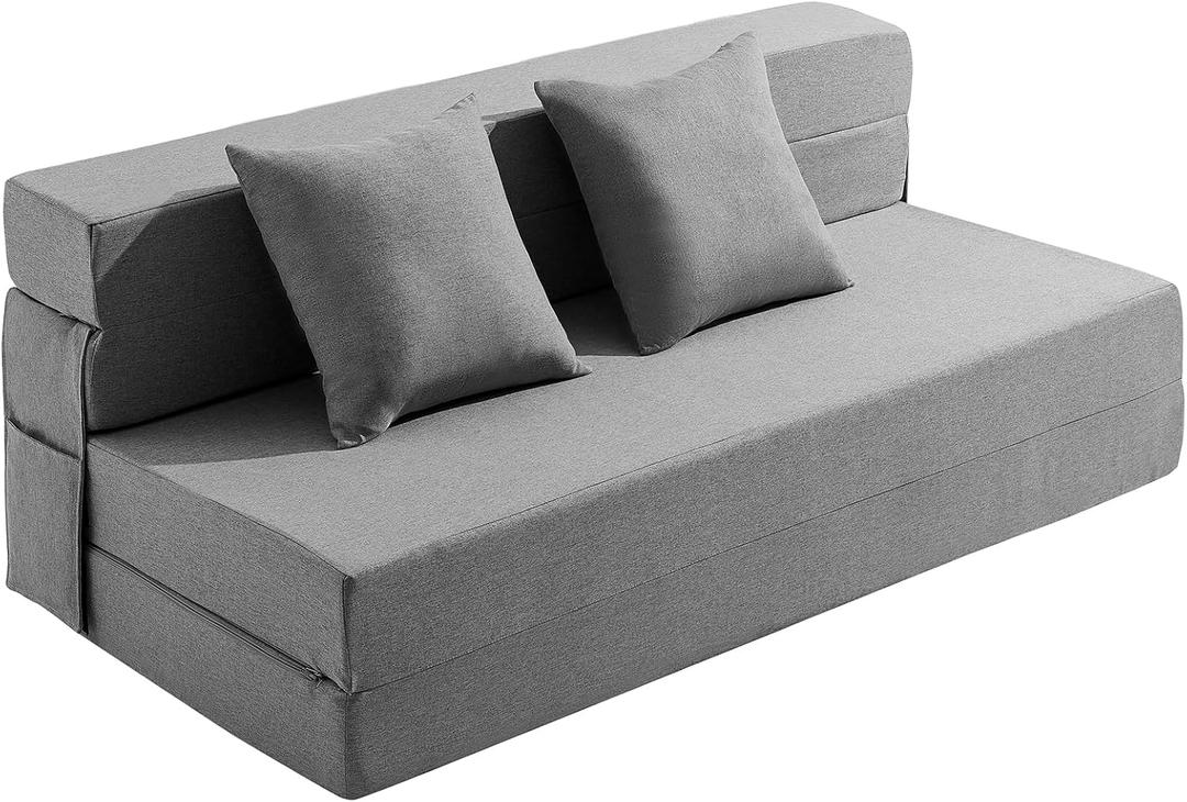Queen Size Folding Sofa Bed - 4 in 1 Futon Chair with Two Pillows - High Density Memory Foam Futon Couch - Convertible Foldable Mattress with Washable Modern Linen Cover for Loft (Light Grey) Queen Size Folding Sofa Bed - 4 in 1 Futon Chair with Two Pillows - High Density Memory Foam Futon Couch - Convertible Foldable Mattress with Washable Modern Linen Cover for Loft (Light Grey)