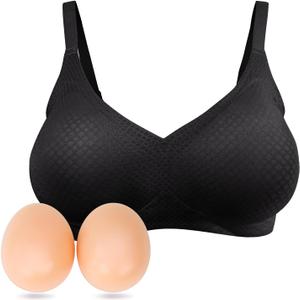 Mastectomy Bra with Breast Prosthesis Wireless Post-Surgery Pocket Bra for Breast Forms Enhancement Inserts (Large, Black)