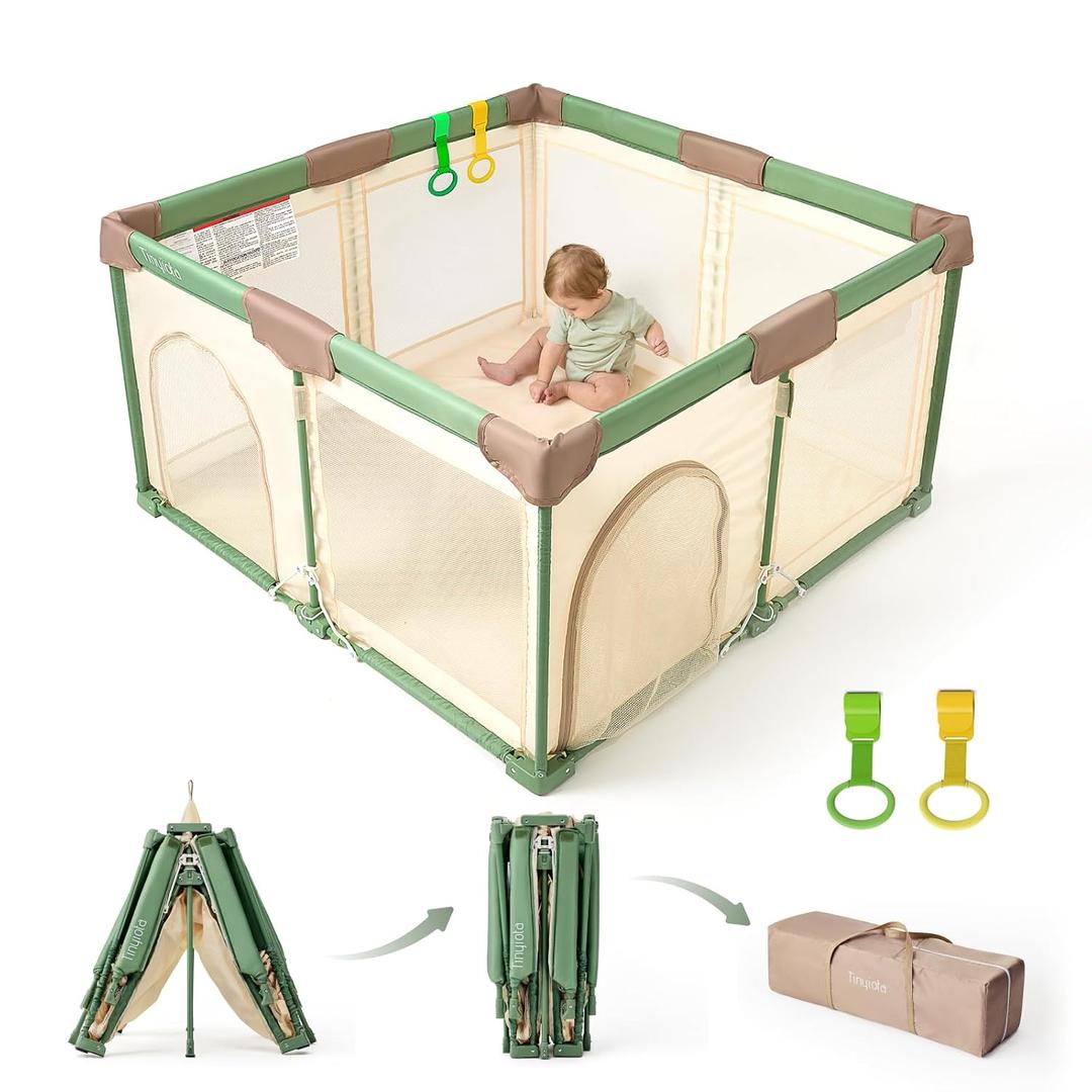 Tinyiota Foldable Baby Playpen, 50x50 Inch Portable Play Yard for Babies and Toddlers with Soft Breathable Mesh, Storage Bag & 2 Pull-Toy Handles for Indoor & Outdoor (Green, 50x50)