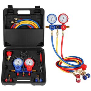 3 Way AC Manifold Gauge Set AC Gauge Set Fits for R134A R410A R404A R22 Refrigerant with Adjustable Couplers, Hoses, Can Tap & Adapters