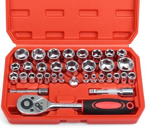Egofine 34 Pieces 3/8 inch Drive Socket Ratchet Wrench Set, with Socket Set Metric/SAE and Extension Bar for Auto Repairing and Household, with Storage Case Not complect
