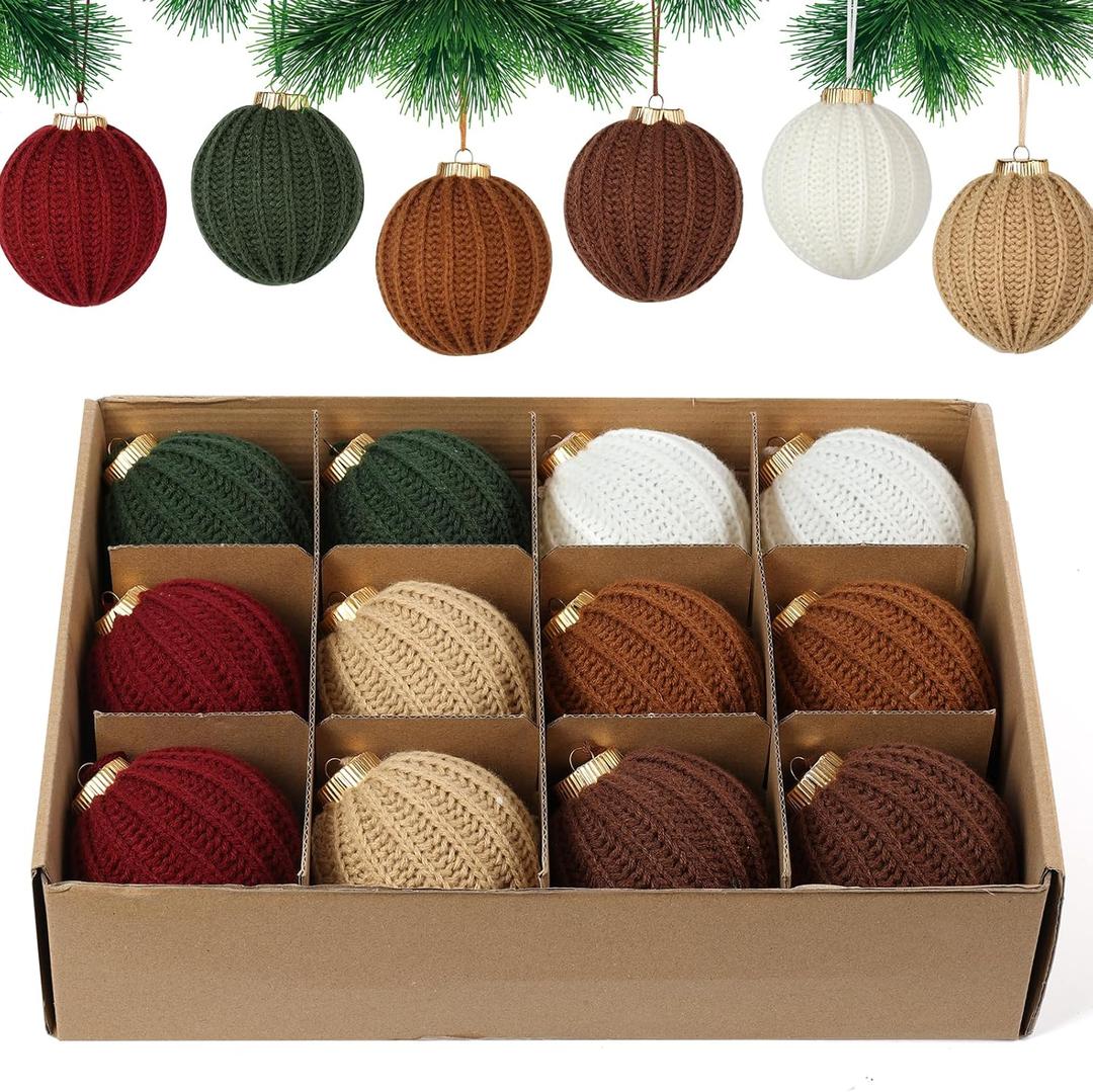 12 Pack Crochet Christmas Ball Ornaments Christmas Knitted Tree decorr - Earthy Tones & Festive Colors for Xmas Tree Decorating (Earth Tones, 3.15inch)