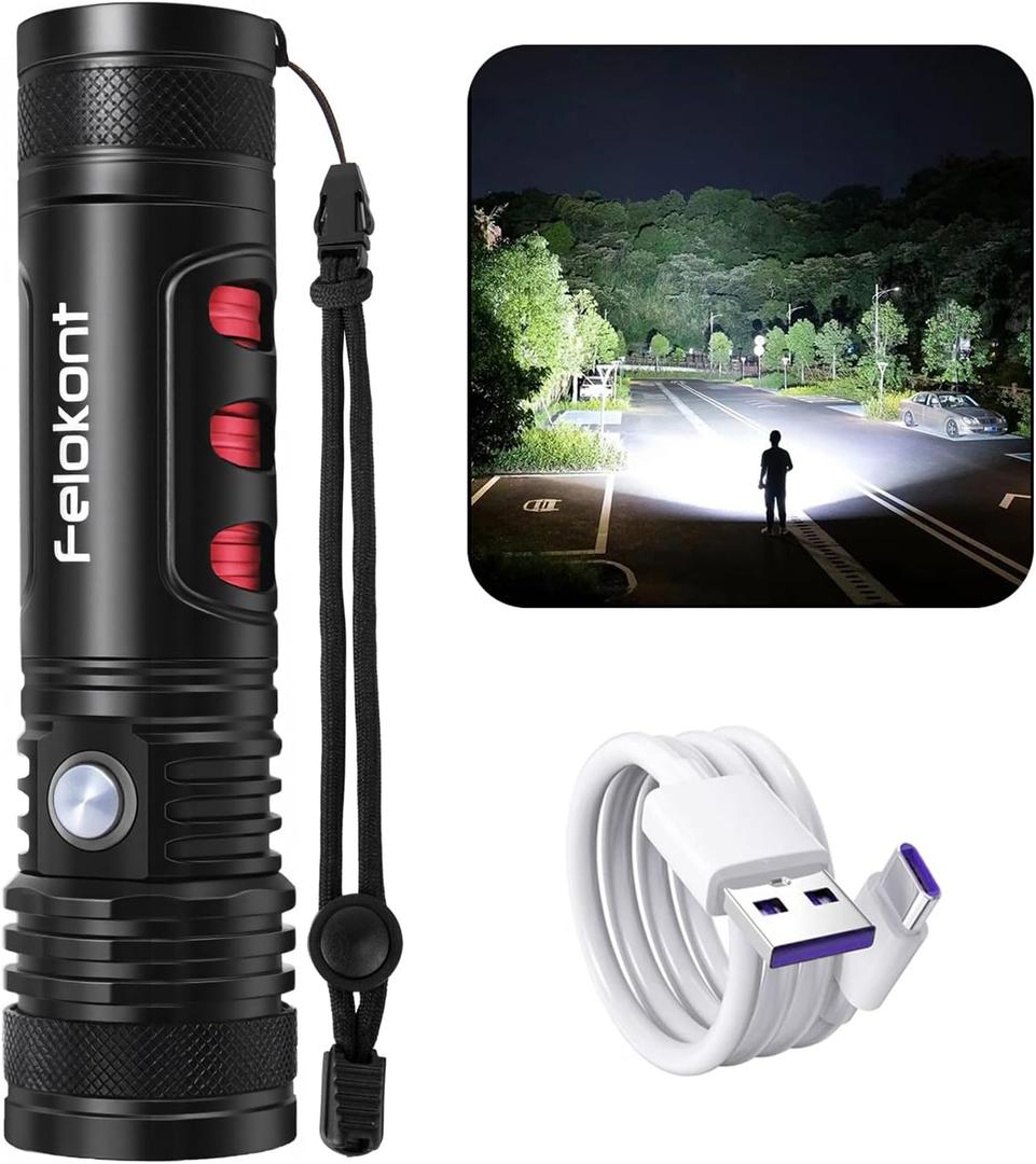 LED Rechargeable Flashlights 1600 High Lumens, 36 Hour Long Runtime, M300 Fast Charging Version Charges Type-C, Zoomable, 6 Modes, All-weather Waterproof Flashlight for Home Emergency Camping (Red)