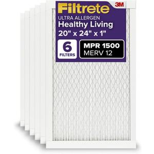 Filtrete 20x24x1 AC Furnace Air Filter, MERV 12, MPR 1500, CERTIFIED asthma & allergy friendly, 3 Month Pleated 1-Inch Electrostatic Air Cleaning Filter, 6-Pack (Actual Size 19.81x23.81x0.78 in)