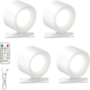 Lights of Sweden Wall Lamps - Rechargeable Infinity Wall Lamps with Remote Control, Cordless Magnetic Sconces, 360° Rotatable, 3 Color Temperatures & Dimmable for Bedroom and Home Lighting (White-4PC）