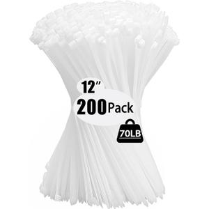 200 Pack Zip Wire Ties 12 Inch Cable Zip Ties Clear Tie Wraps with 70 Pounds Tensile Strength, Self-Locking Cable Ties, UV Resistant Thick Nylon Wire Ties for Indoor and Outdoor White