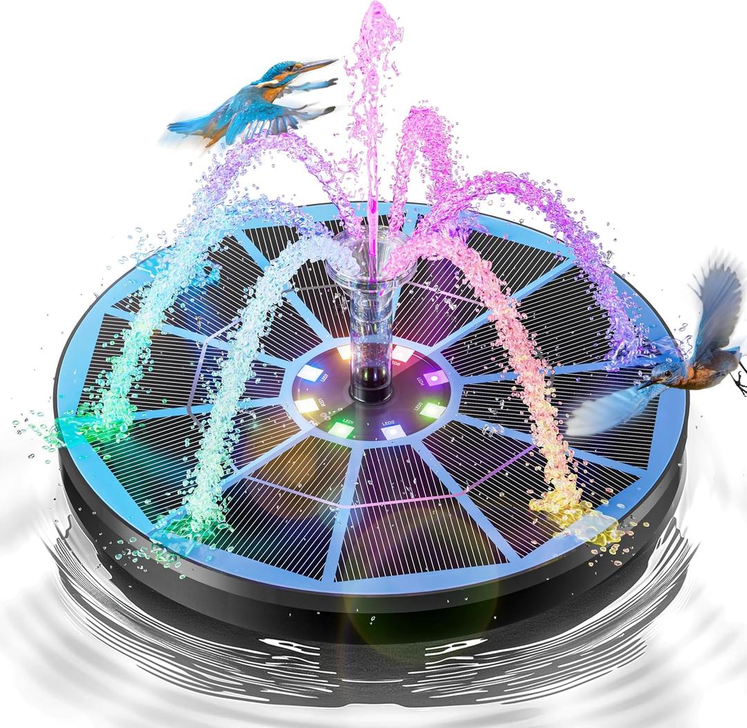 3.5W Solar Fountain,Upgraded 100% Glass Panel Solar Bird Bath Fountain with 2000mAh Battery,7 Color RGB LED Lights & 6 Nozzles,Solar Fountain for Bird Bath,Garden, Pond, Pool, Outdoor Decor(Blue)