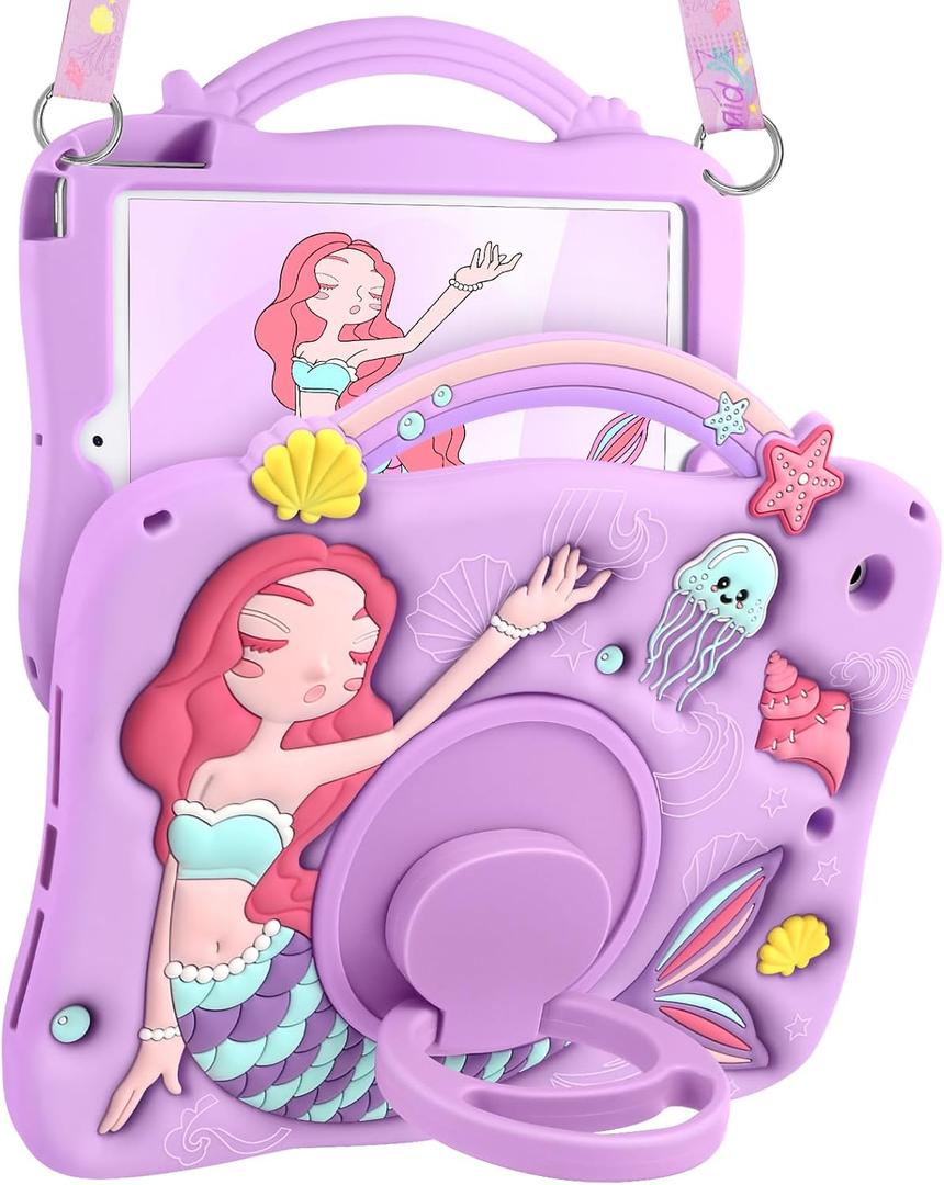 Boaretiu for iPad 9th Generation Case 10.2 Inch - for iPad 7th/8th/9th Gen 3D Cute Cartoon Mermaids Girls Teens Soft Silicone Tablet Cover with Strap & Rotating Stand (Purple)