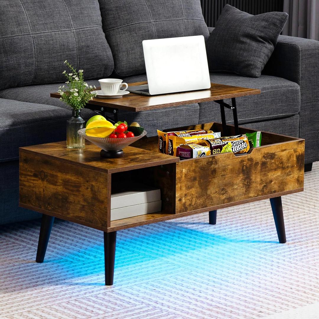 Finnhomy Lift Top Coffee Table with USB Type-C Charging Station, LED Lights and Power Outlet, 3-in-1 Multifunctional Table with Hidden Compartment and Large Storage, for Living Room Home Office, Brown