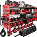 Large Power Tool Organizer Wall Mount with Charging Station,4 Layer Heavy Duty Metal Tool Storage Shelf Loads 600lbs,Battery Utility Rack With 4 Outlet Power Strip with 8 Cordless Drill Holder (Red)