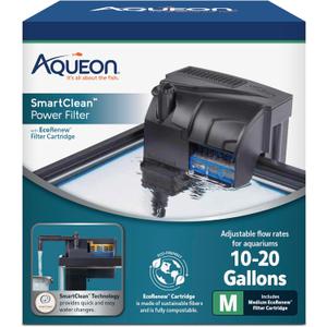 Aqueon SmartClean Power Filter with EcoRenew Filter Cartridge, Quick and Easy Water Changes, Quiet Operation, Adjustable Flow, for 10-20 Gallon Freshwater and Saltwater Aquariums, Medium