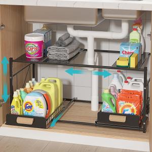 REALINN Extendable Under Sink Organizer, 2 Tier Expandable Under Cabinet Organizer Shelf with Height Adjustable, Retractable Cabinet Storage, Black